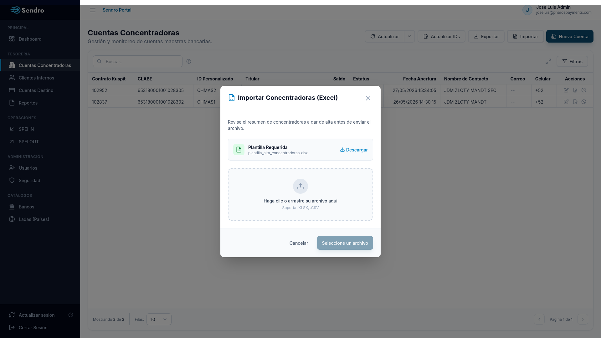 Modal de Importación para Altas Masivas de Cuentas Concentradoras