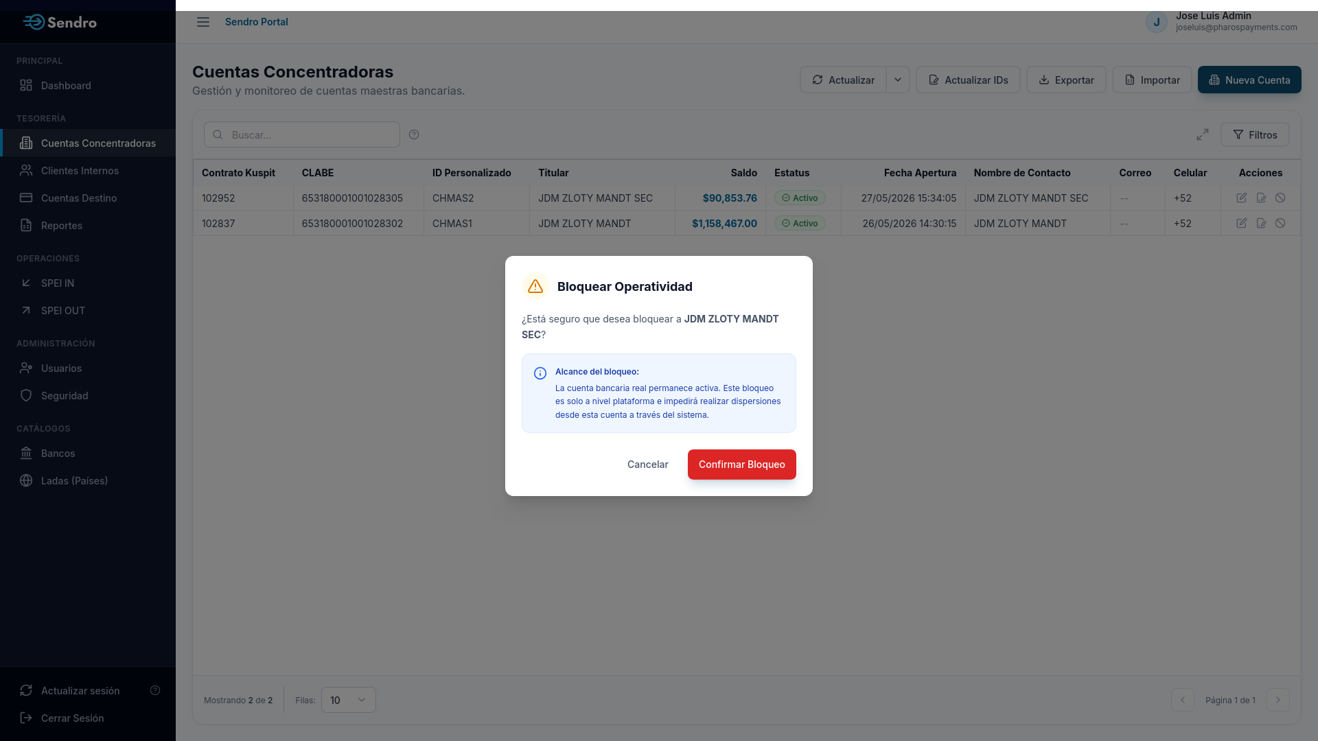 Modal de Confirmación para Bloquear o Reactivar Cuenta Concentradora