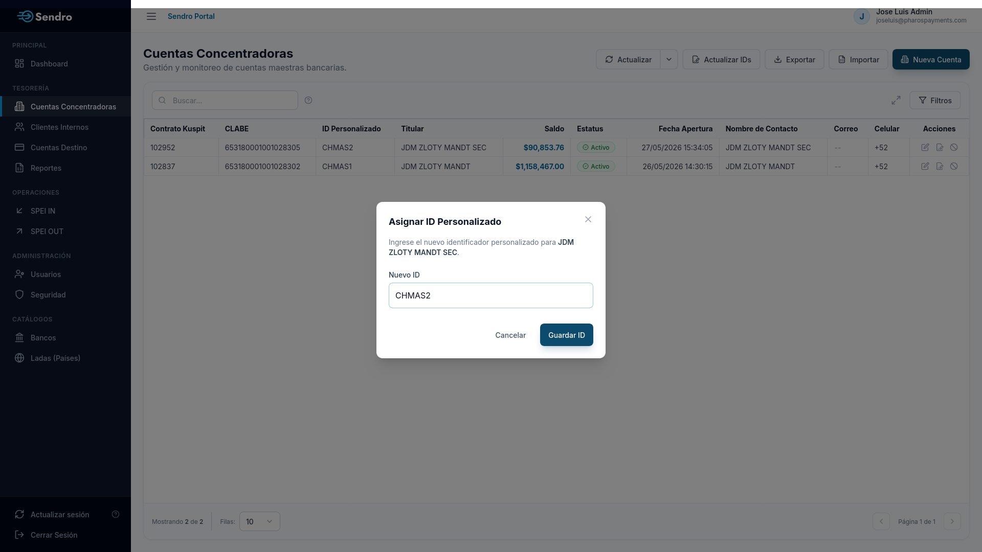 Modal para Asignar ID Personalizado a Cuenta Concentradora
