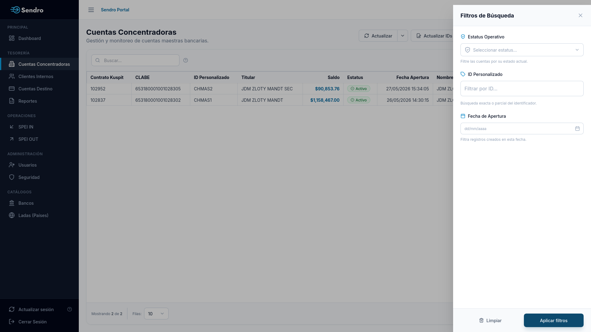 Panel de Filtros de Cuentas Concentradoras