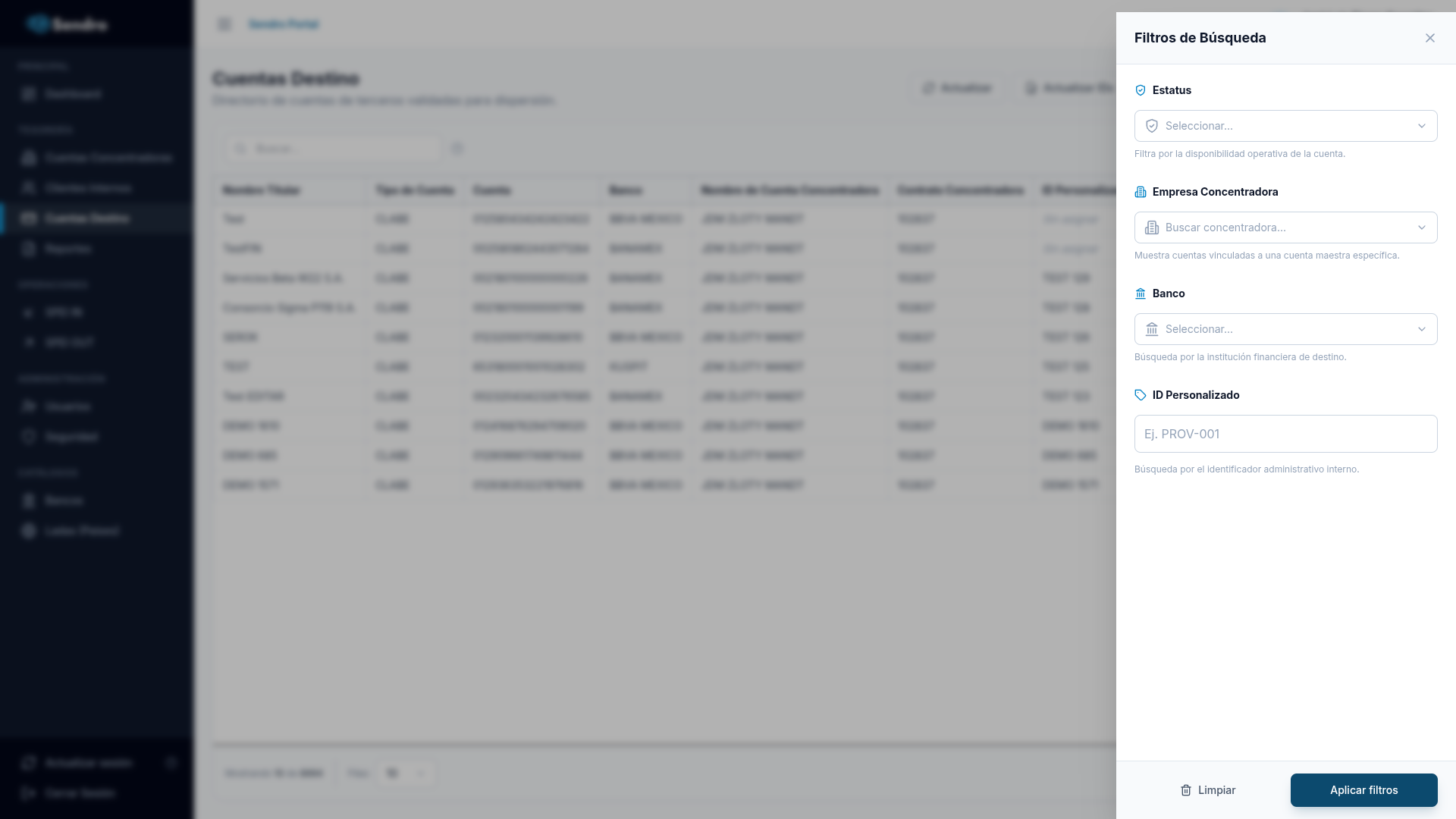 Panel de Filtros de Cuentas Destino