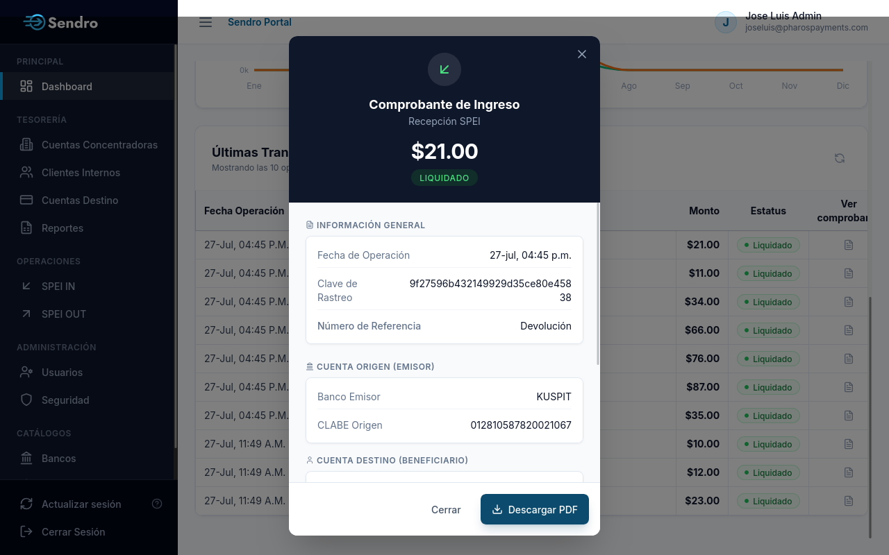 Modal con Detalle del Comprobante de Transacción