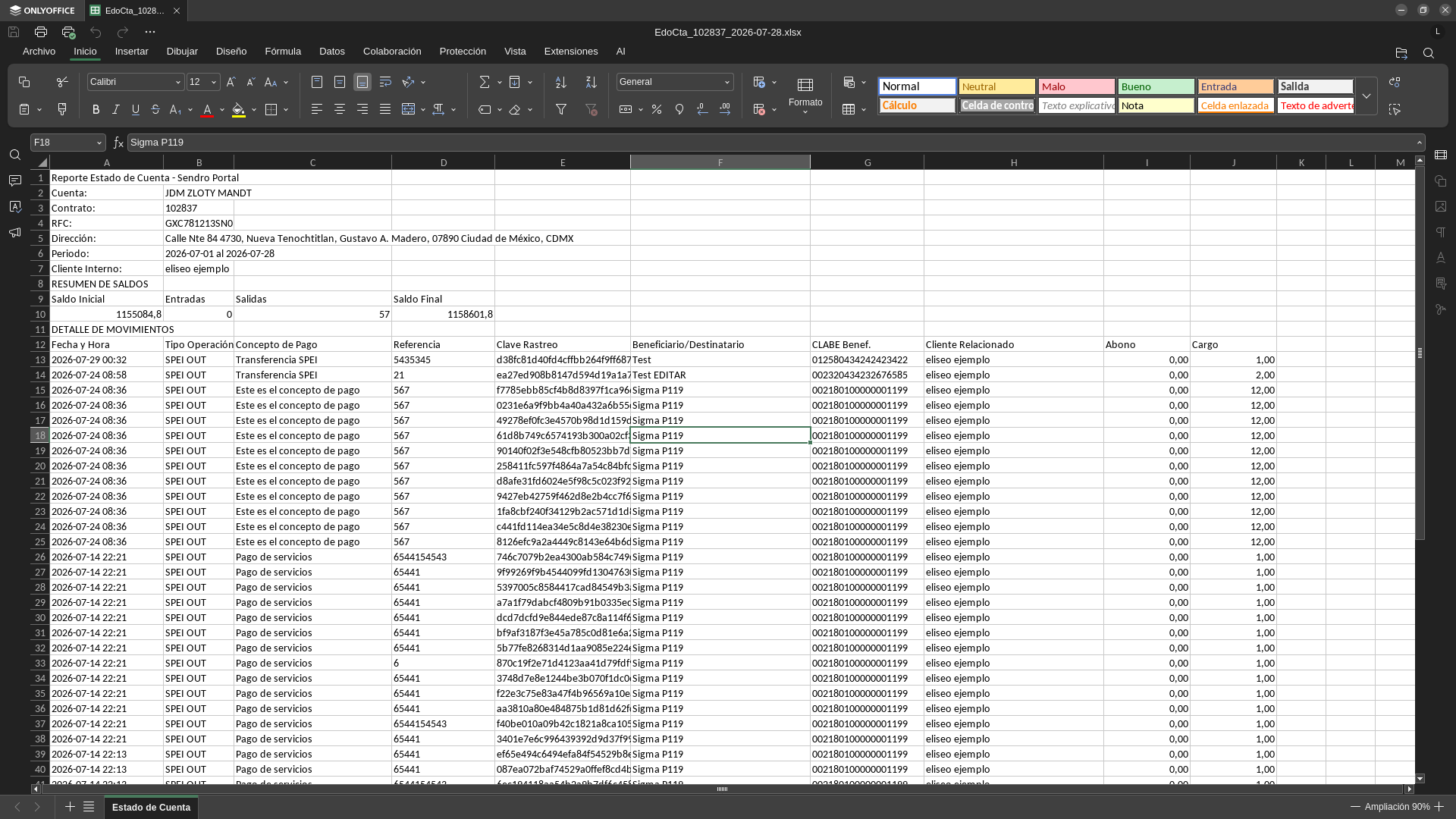 Ejemplo de Estado de Cuenta Exportado en Formato Excel