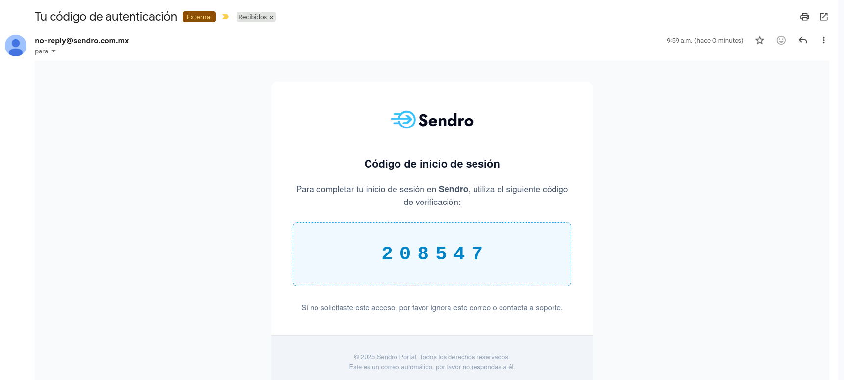 Ejemplo de Correo Electrónico con Código de Autenticación