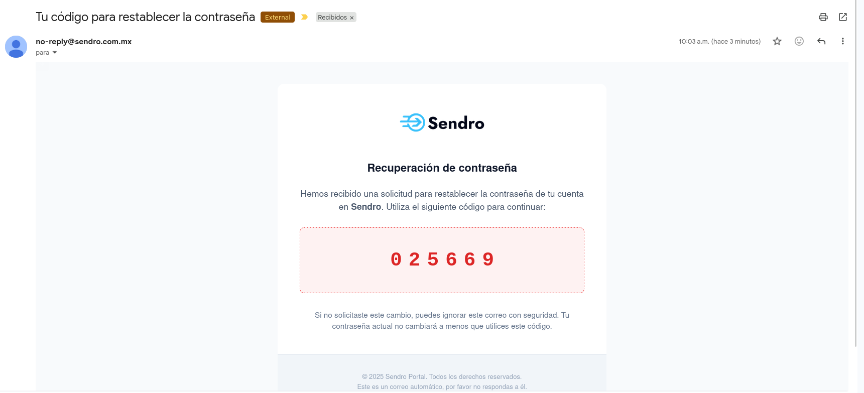 Correo Recibido con Código de Recuperación