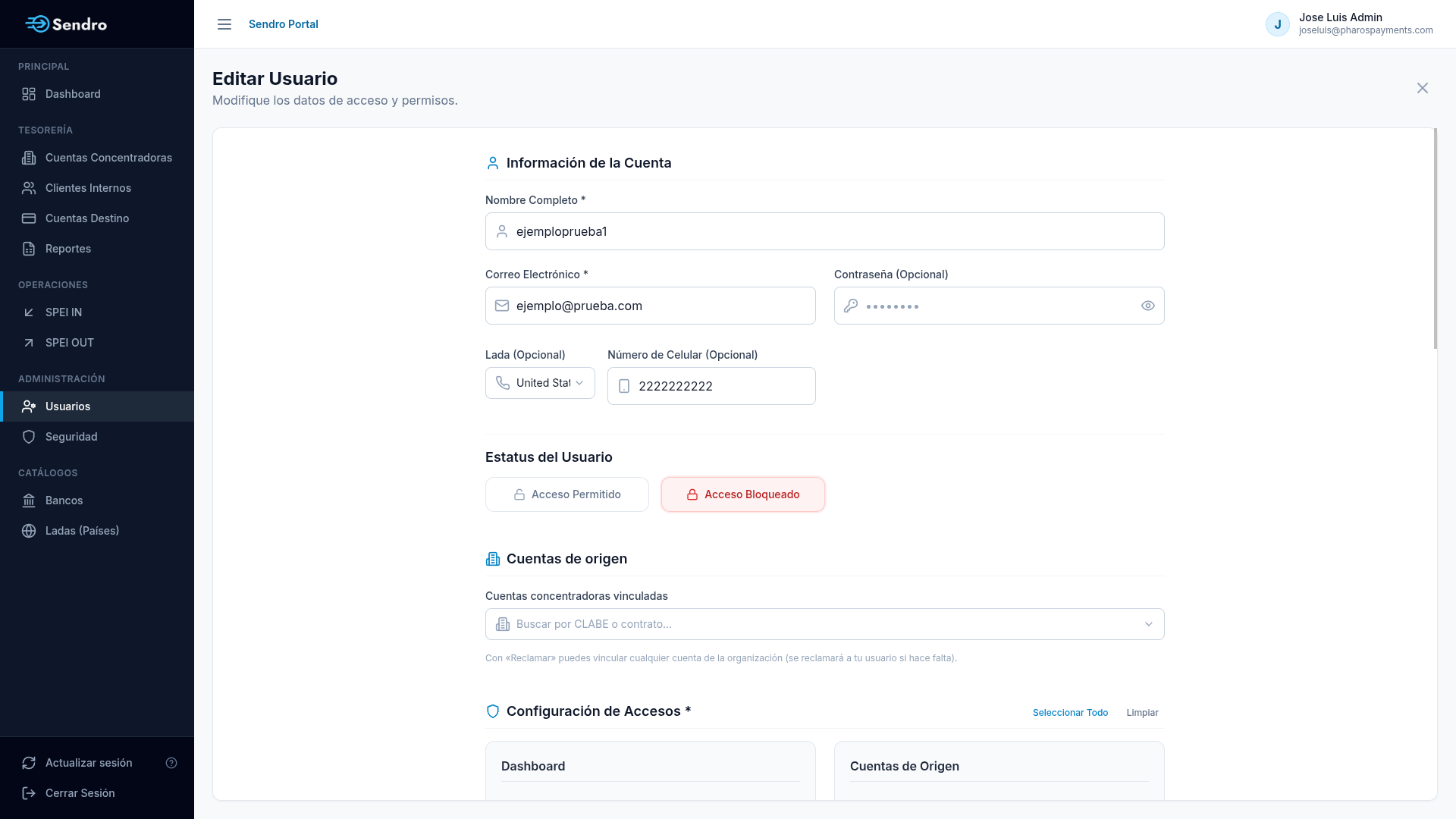 Formulario para Editar Información y Permisos del Usuario